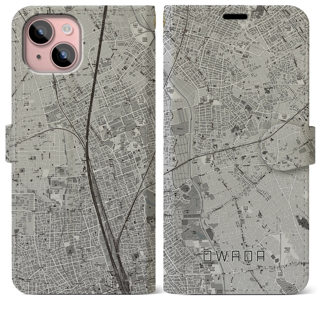 【大和田(埼玉県)】地図柄iPhoneケース(手帳タイプ)モノトーン・iPhone 15 Plus 用