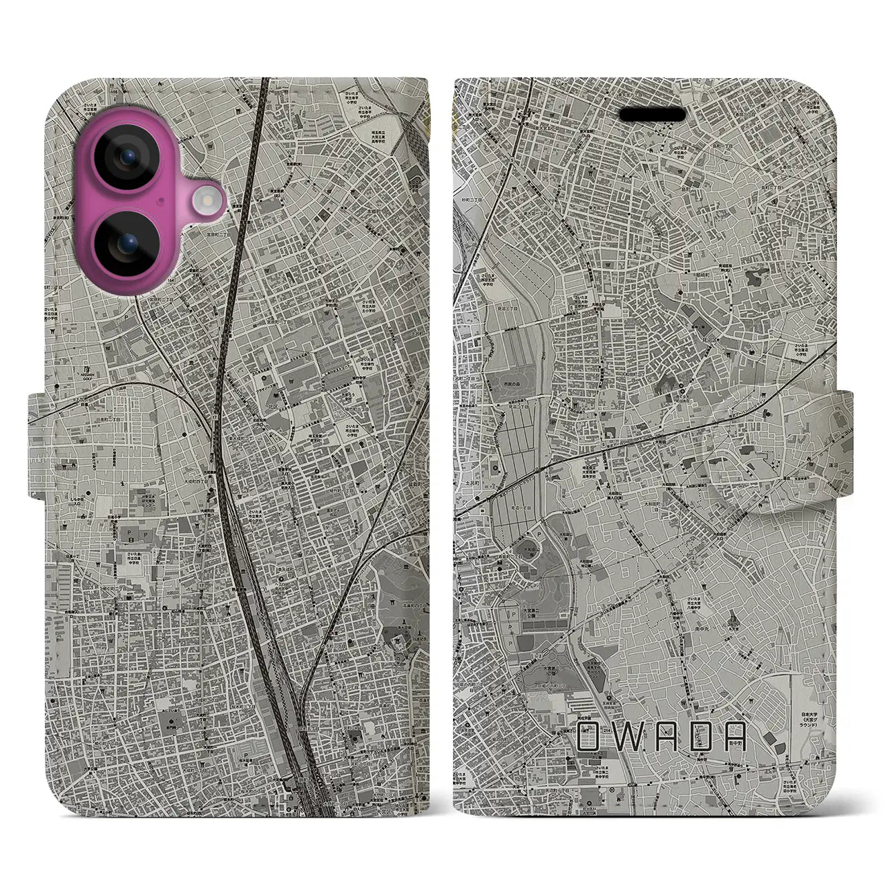 【大和田(埼玉県)】地図柄iPhoneケース(手帳タイプ)モノトーン・iPhone 16 Pro 用