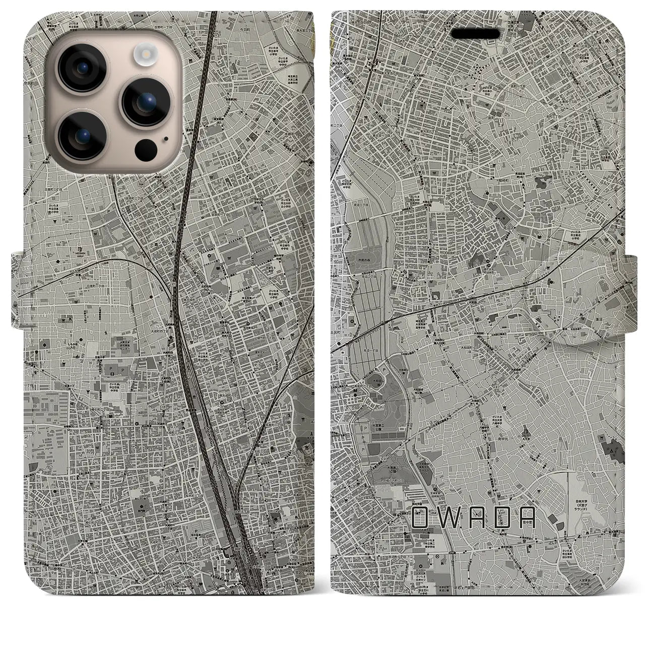 【大和田(埼玉県)】地図柄iPhoneケース(手帳タイプ)モノトーン・iPhone 16 Plus 用