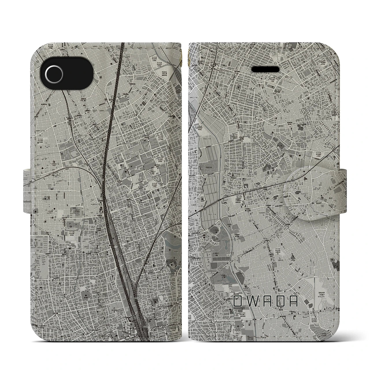【大和田(埼玉県)】地図柄iPhoneケース(手帳タイプ)モノトーン・iPhone SE(第3 / 第2世代) / 8 / 7 / 6s / 6 用