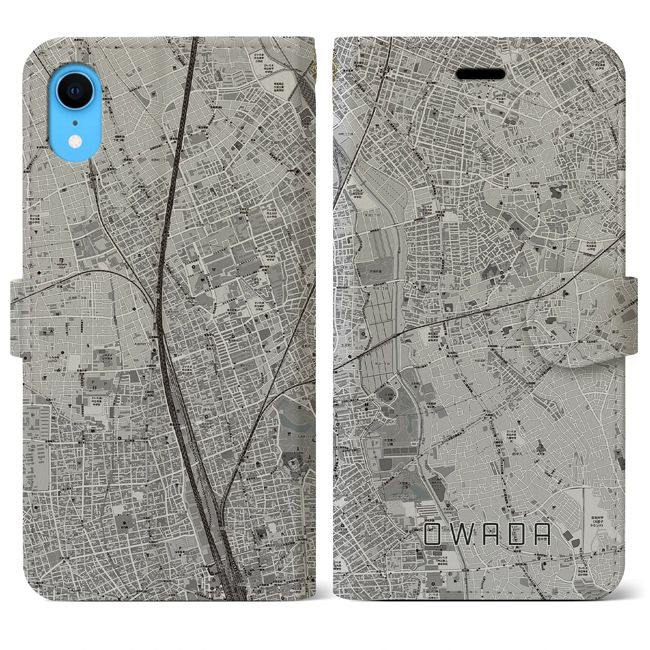 【大和田(埼玉県)】地図柄iPhoneケース(手帳タイプ)モノトーン・iPhone XR 用