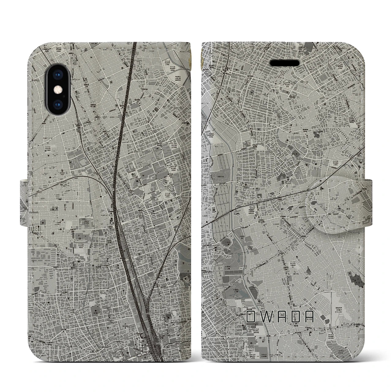 【大和田(埼玉県)】地図柄iPhoneケース(手帳タイプ)モノトーン・iPhone XS / X 用