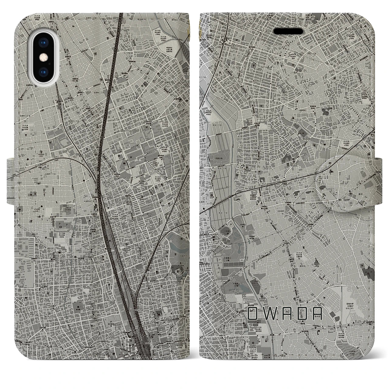 【大和田(埼玉県)】地図柄iPhoneケース(手帳タイプ)モノトーン・iPhone XS Max 用