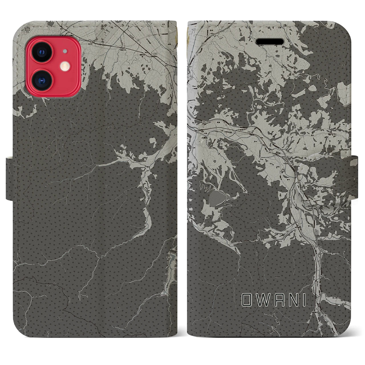 【大鰐(青森県)】地図柄iPhoneケース(手帳タイプ)モノトーン・iPhone 11 用