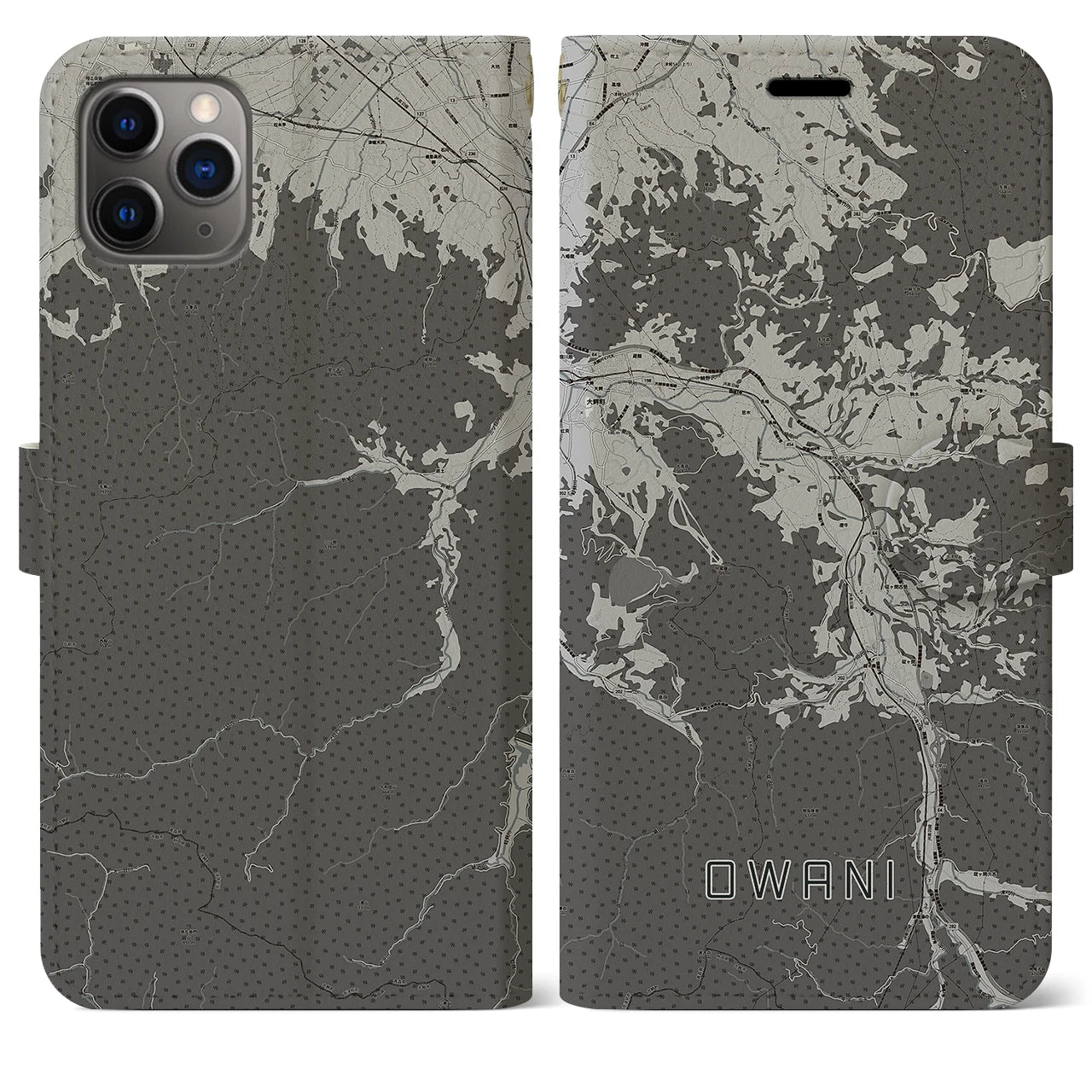 【大鰐(青森県)】地図柄iPhoneケース(手帳タイプ)モノトーン・iPhone 11 Pro Max 用