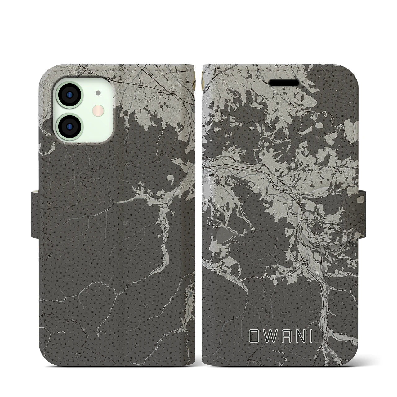 【大鰐(青森県)】地図柄iPhoneケース(手帳タイプ)モノトーン・iPhone 12 mini 用