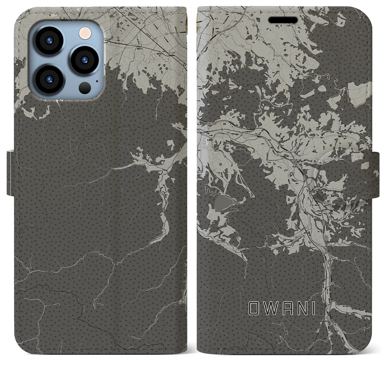 【大鰐(青森県)】地図柄iPhoneケース(手帳タイプ)モノトーン・iPhone 13 Pro Max 用
