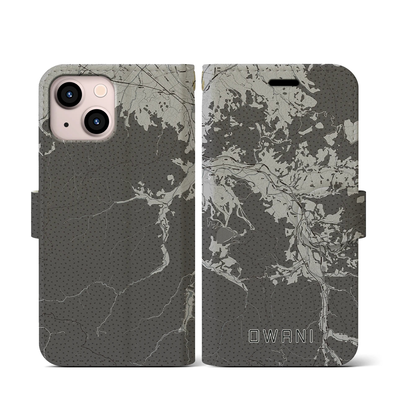 【大鰐(青森県)】地図柄iPhoneケース(手帳タイプ)モノトーン・iPhone 13 mini 用