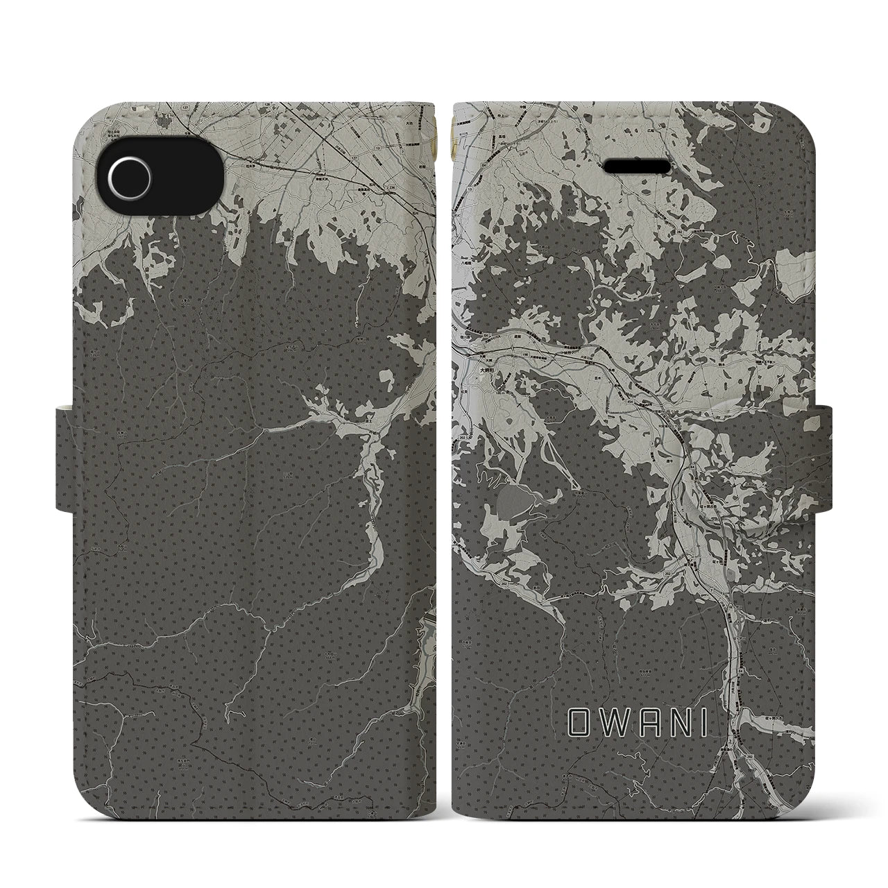 【大鰐(青森県)】地図柄iPhoneケース(手帳タイプ)モノトーン・iPhone SE(第3 / 第2世代) / 8 / 7 / 6s / 6 用