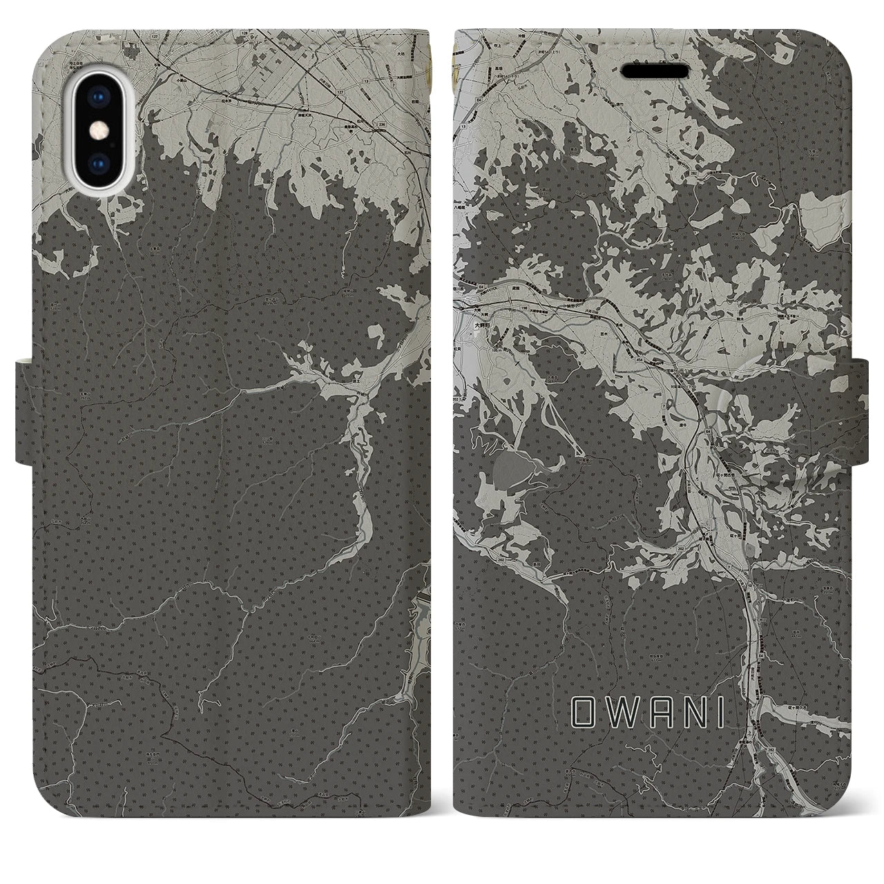 【大鰐(青森県)】地図柄iPhoneケース(手帳タイプ)モノトーン・iPhone XS Max 用