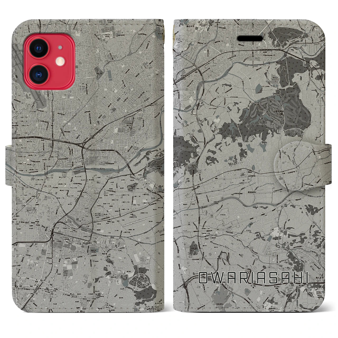 【尾張旭(愛知県)】地図柄iPhoneケース(手帳タイプ)モノトーン・iPhone 11 用