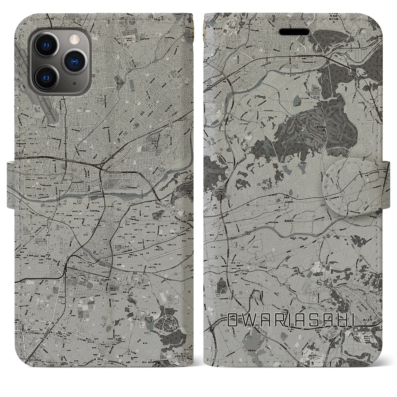 【尾張旭(愛知県)】地図柄iPhoneケース(手帳タイプ)モノトーン・iPhone 11 Pro Max 用