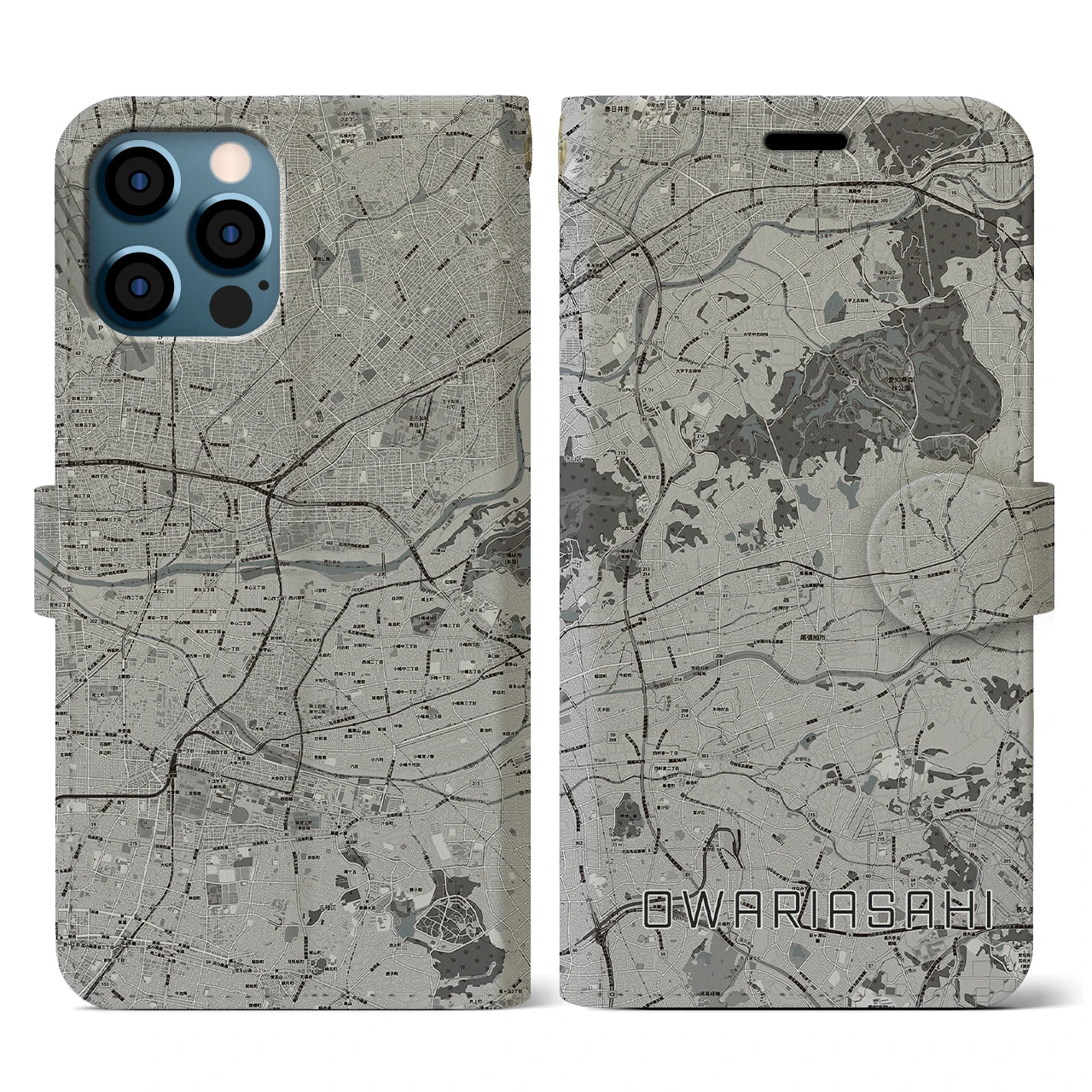 【尾張旭(愛知県)】地図柄iPhoneケース(手帳タイプ)モノトーン・iPhone 12 / 12 Pro 用