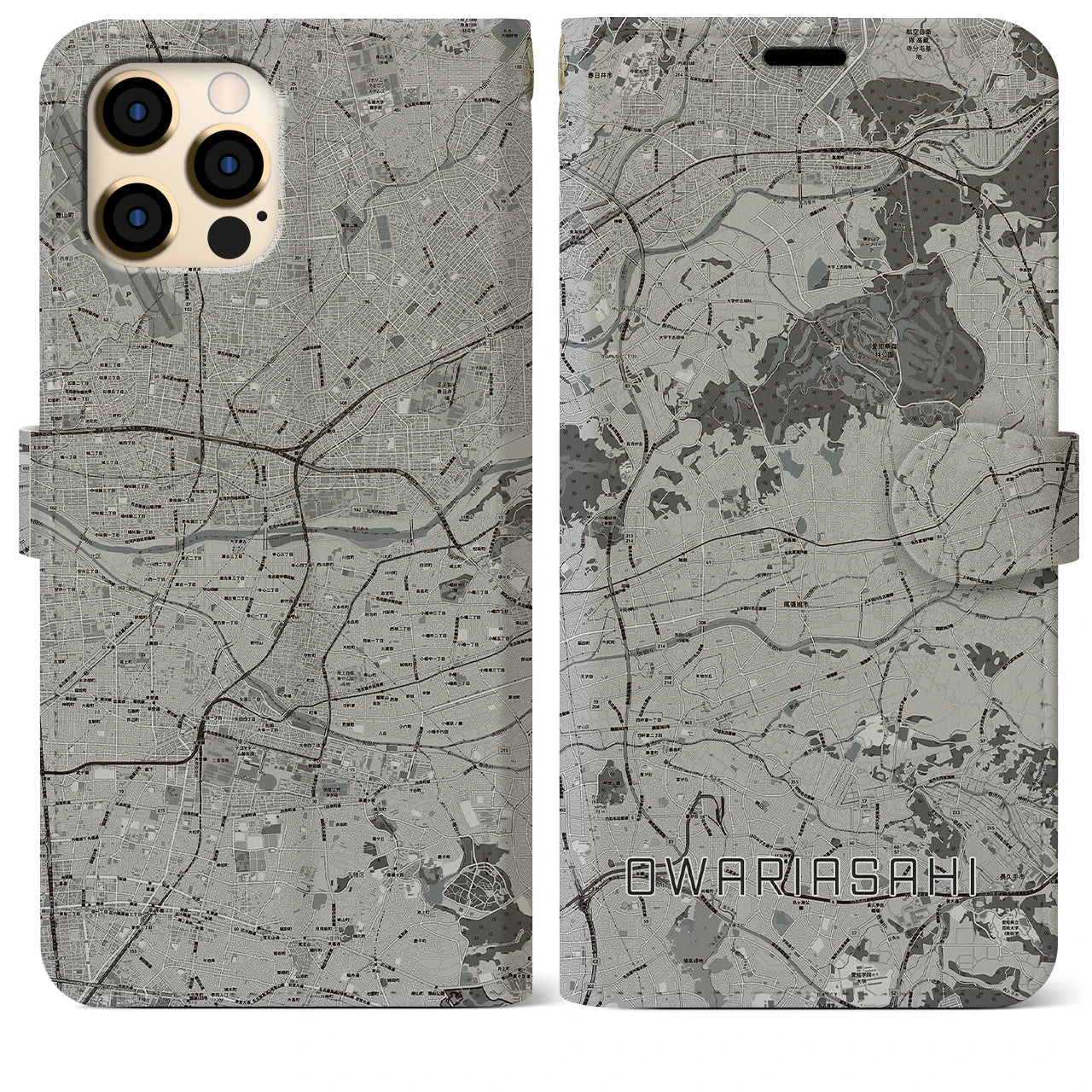 【尾張旭(愛知県)】地図柄iPhoneケース(手帳タイプ)モノトーン・iPhone 12 Pro Max 用