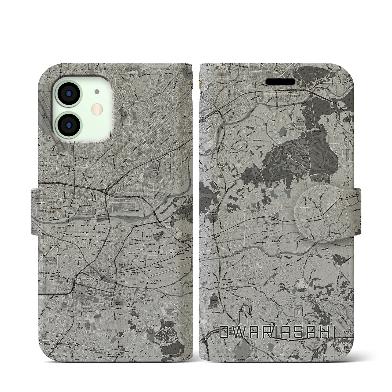【尾張旭(愛知県)】地図柄iPhoneケース(手帳タイプ)モノトーン・iPhone 12 mini 用