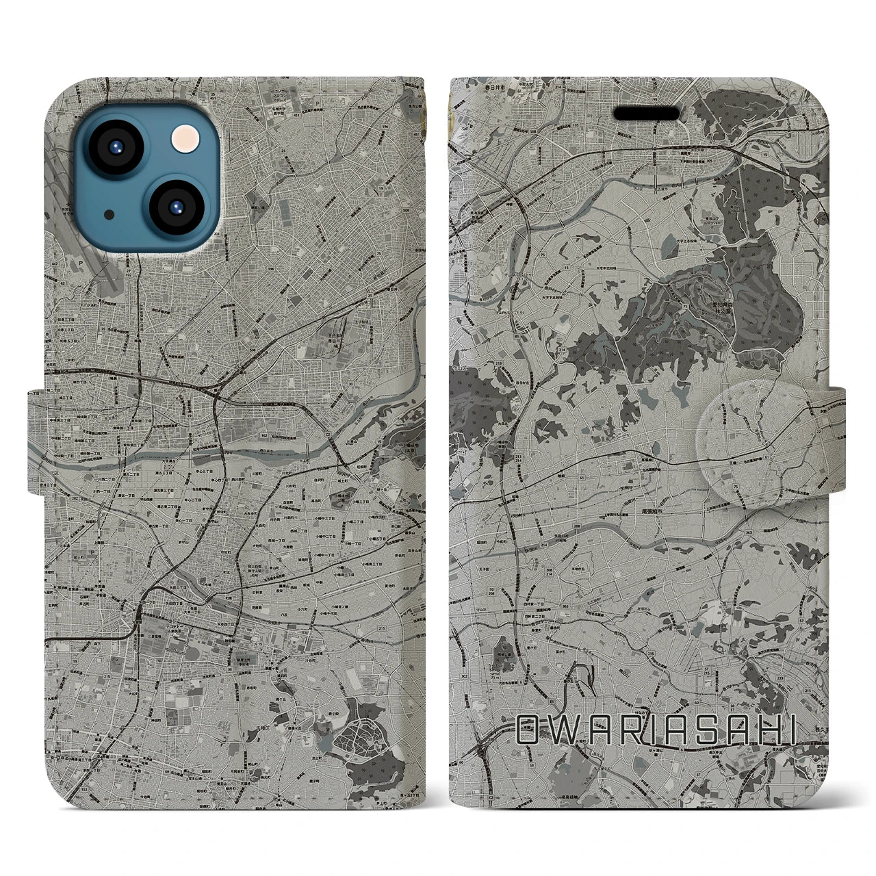 【尾張旭(愛知県)】地図柄iPhoneケース(手帳タイプ)モノトーン・iPhone 13 用