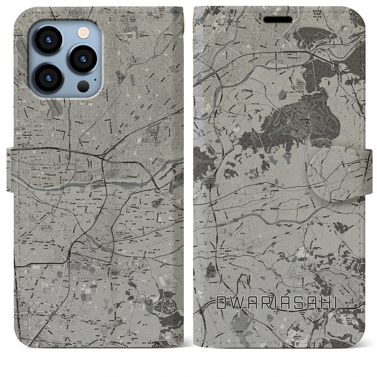 【尾張旭(愛知県)】地図柄iPhoneケース(手帳タイプ)モノトーン・iPhone 13 Pro Max 用