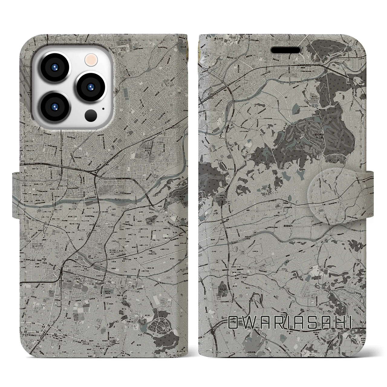 【尾張旭(愛知県)】地図柄iPhoneケース(手帳タイプ)モノトーン・iPhone 13 Pro 用