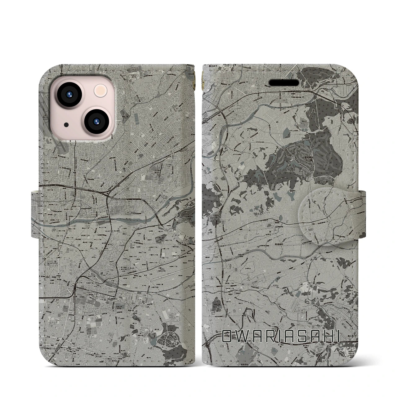 【尾張旭(愛知県)】地図柄iPhoneケース(手帳タイプ)モノトーン・iPhone 13 mini 用