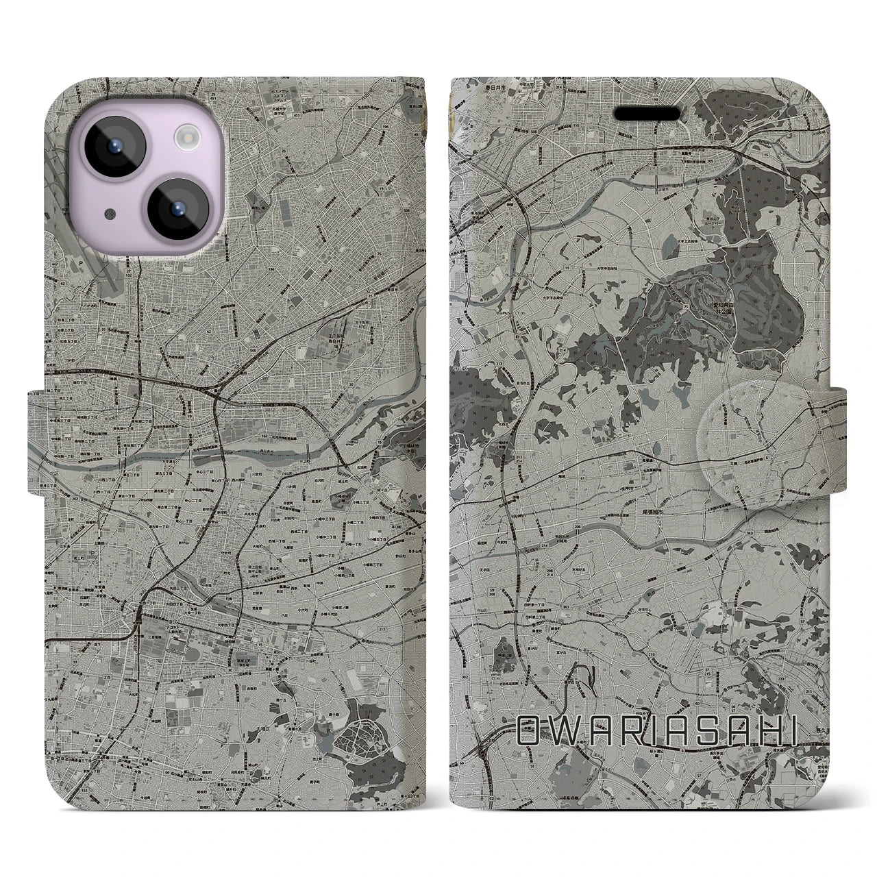 【尾張旭(愛知県)】地図柄iPhoneケース(手帳タイプ)モノトーン・iPhone 14 用