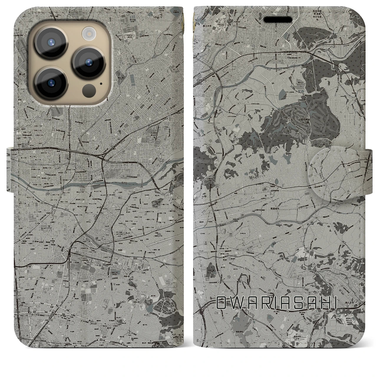 【尾張旭(愛知県)】地図柄iPhoneケース(手帳タイプ)モノトーン・iPhone 14 Pro Max 用