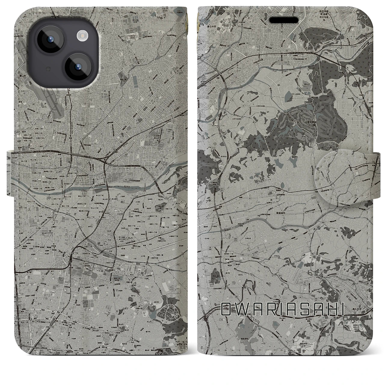 【尾張旭(愛知県)】地図柄iPhoneケース(手帳タイプ)モノトーン・iPhone 14 Plus 用