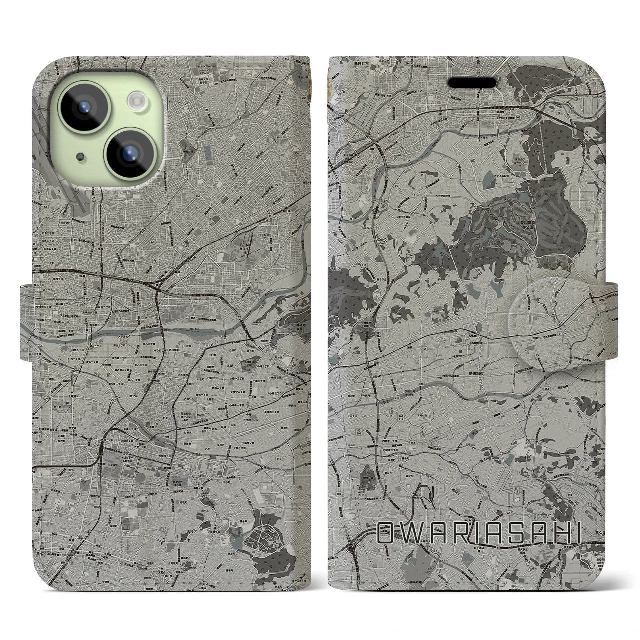 【尾張旭(愛知県)】地図柄iPhoneケース(手帳タイプ)モノトーン・iPhone 15 用
