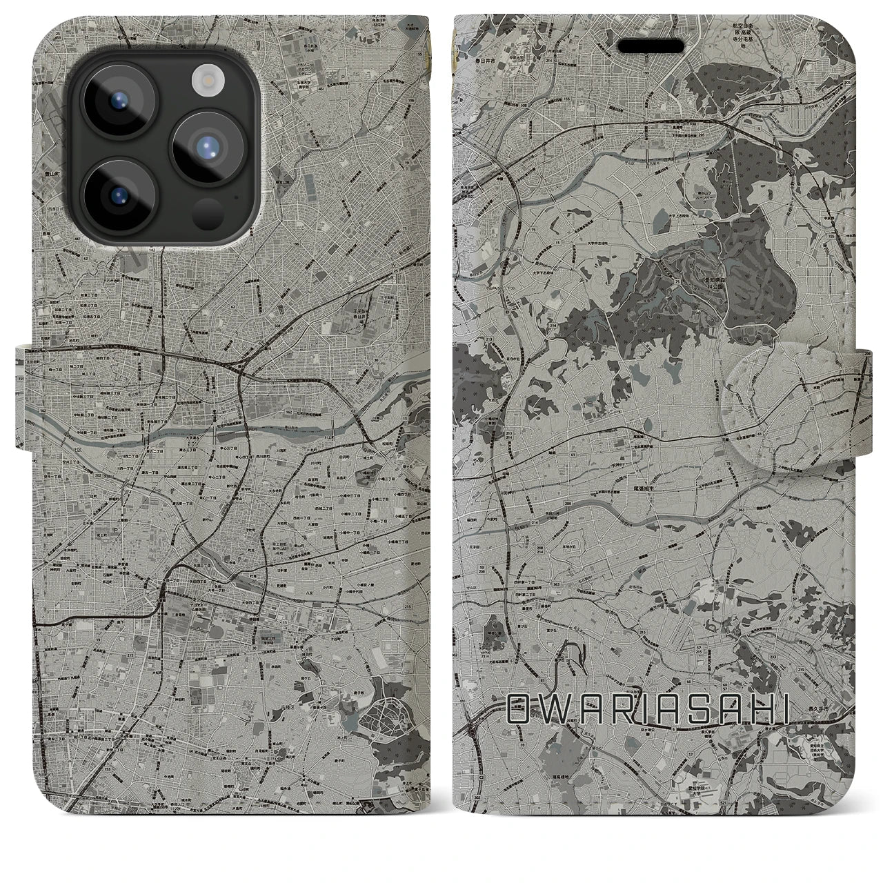 【尾張旭(愛知県)】地図柄iPhoneケース(手帳タイプ)モノトーン・iPhone 15 Pro Max 用
