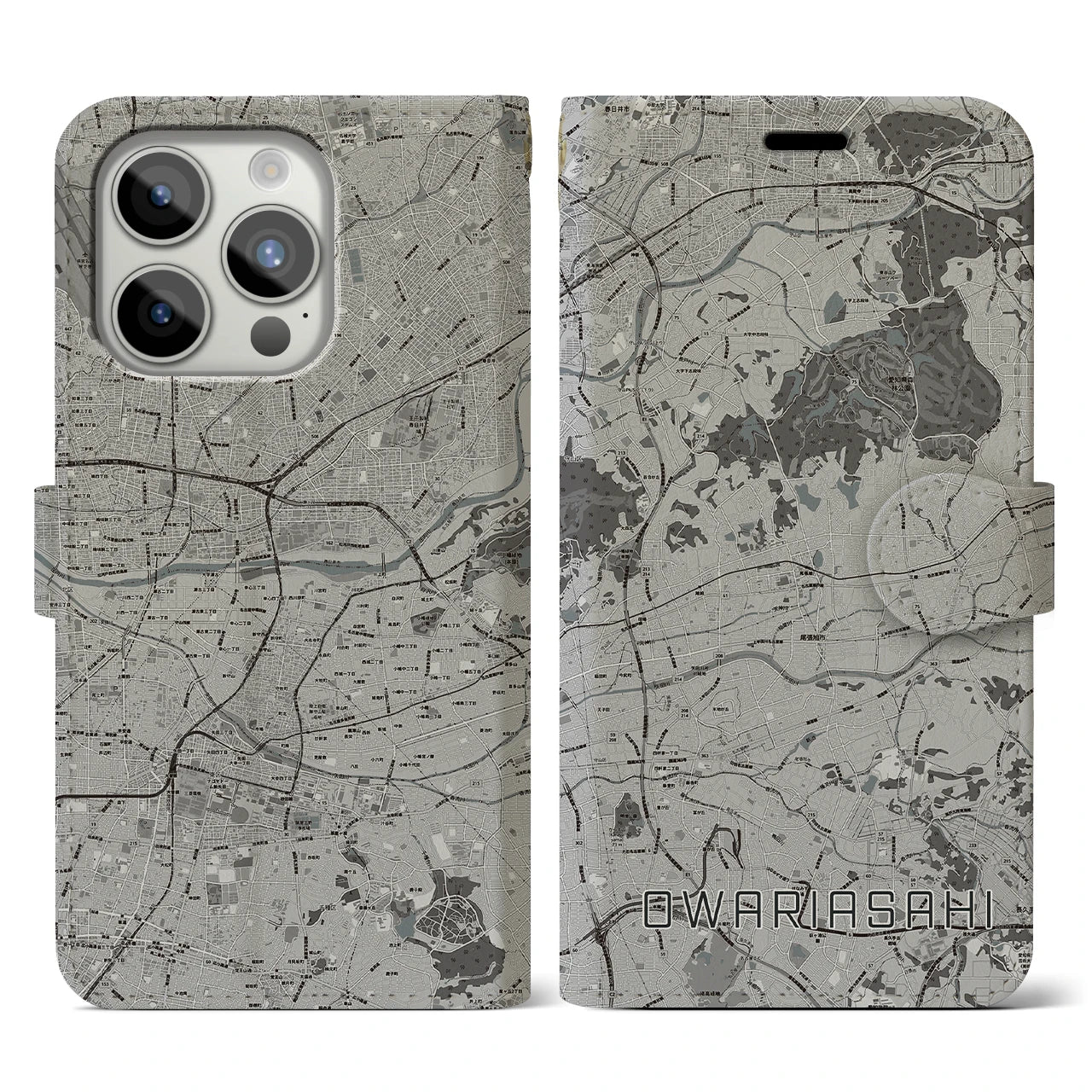 【尾張旭(愛知県)】地図柄iPhoneケース(手帳タイプ)モノトーン・iPhone 15 Pro 用