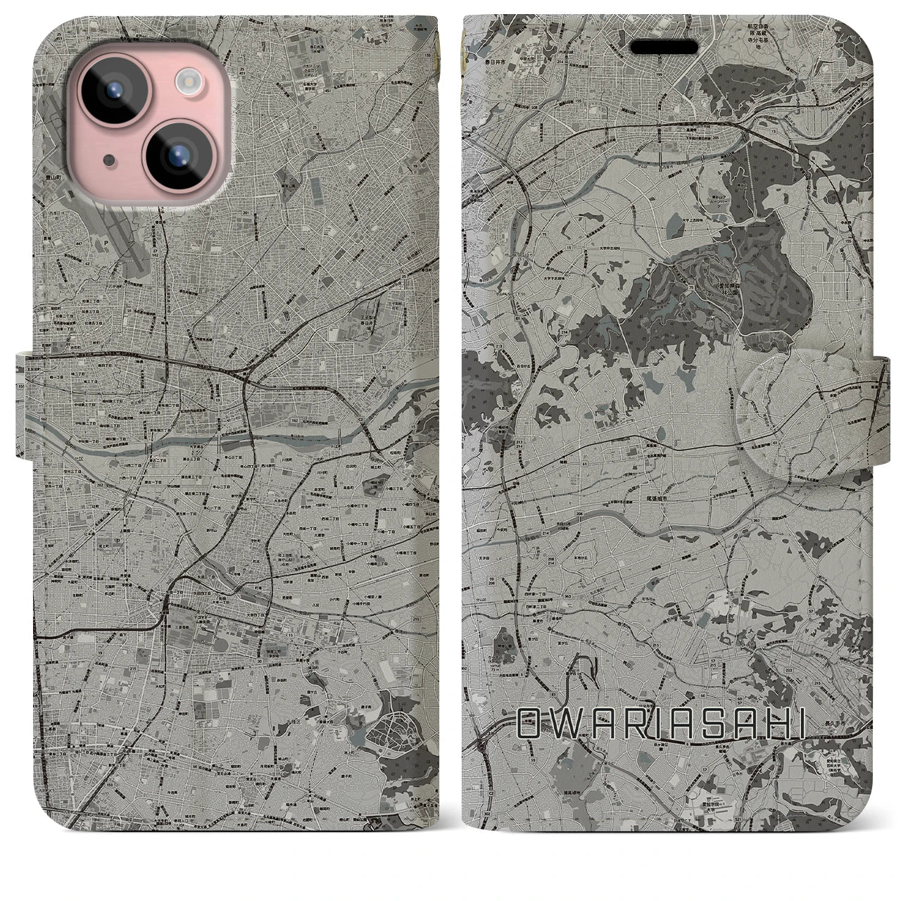 【尾張旭(愛知県)】地図柄iPhoneケース(手帳タイプ)モノトーン・iPhone 15 Plus 用