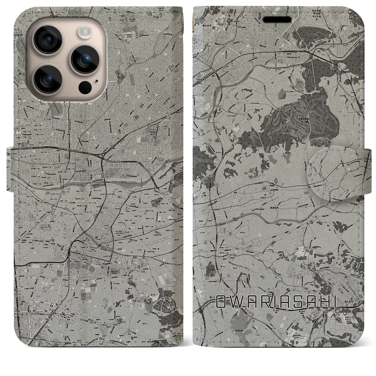 【尾張旭(愛知県)】地図柄iPhoneケース(手帳タイプ)モノトーン・iPhone 16 Plus 用