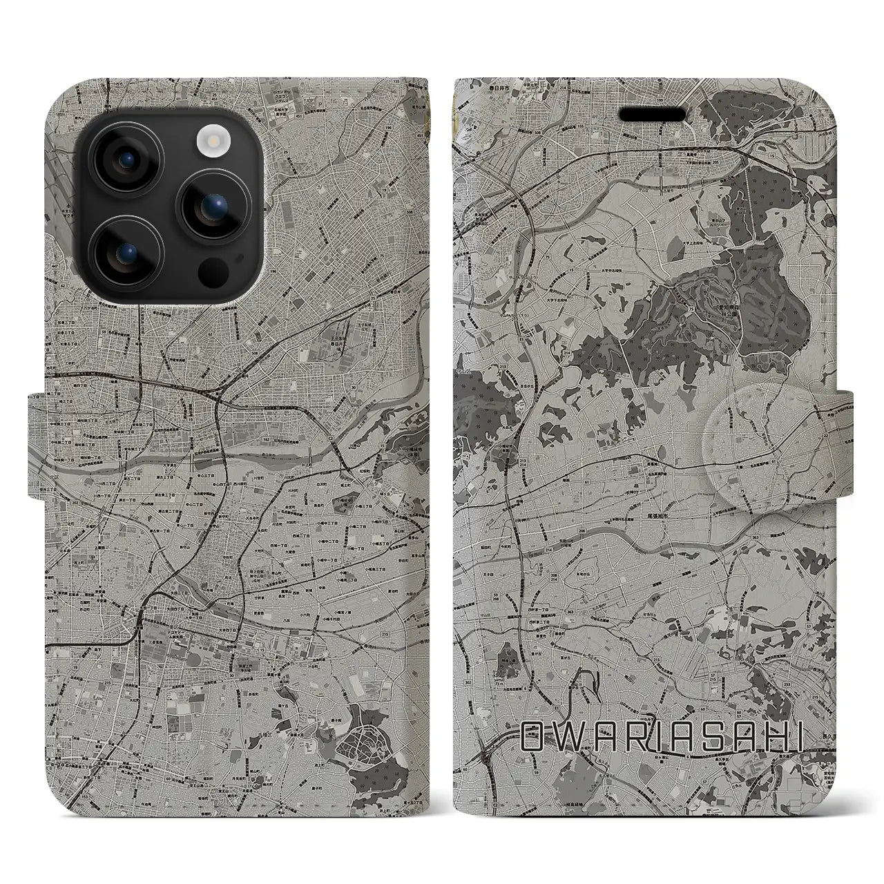 【尾張旭(愛知県)】地図柄iPhoneケース(手帳タイプ)モノトーン・iPhone 16 用