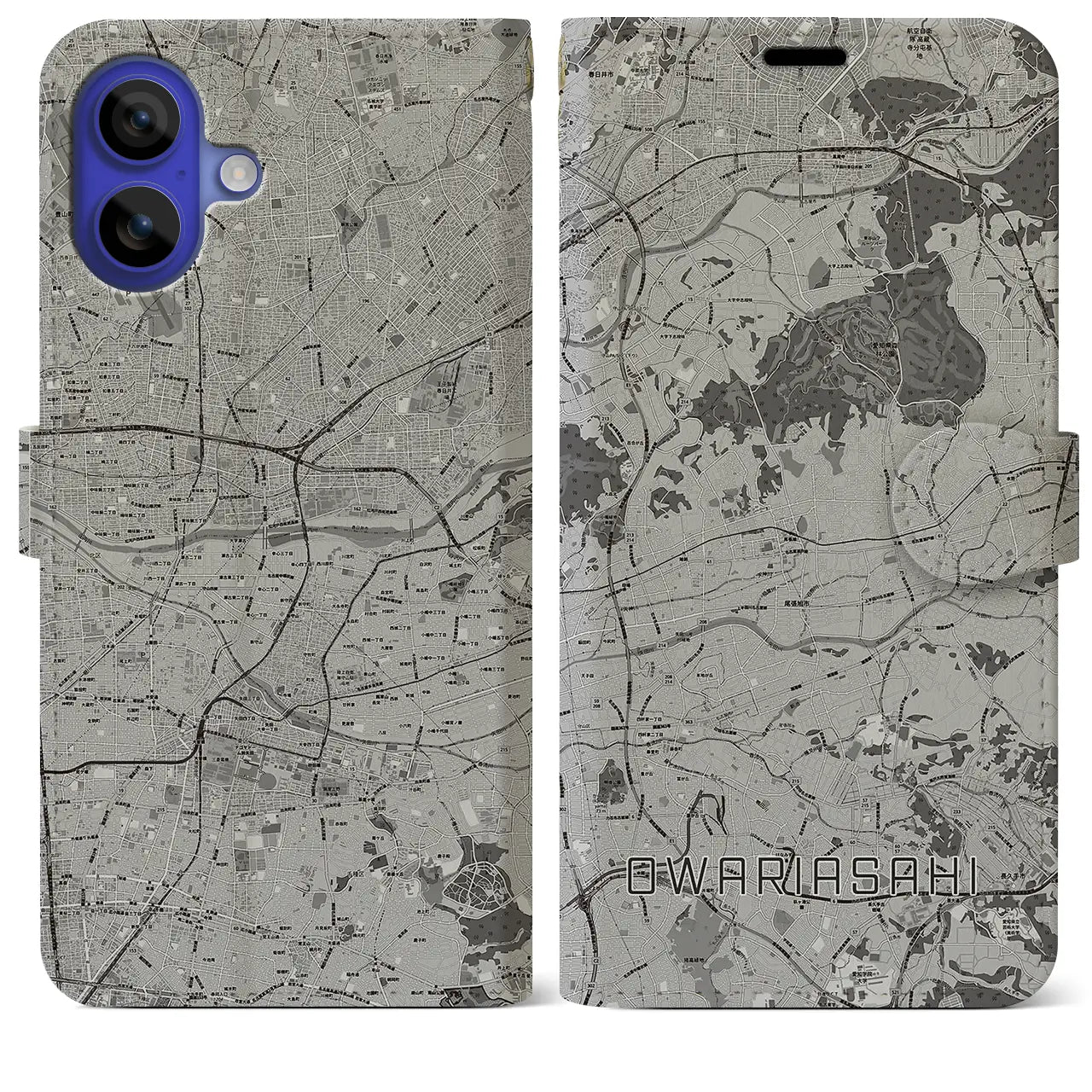 【尾張旭(愛知県)】地図柄iPhoneケース(手帳タイプ)モノトーン・iPhone 16 Pro Max 用