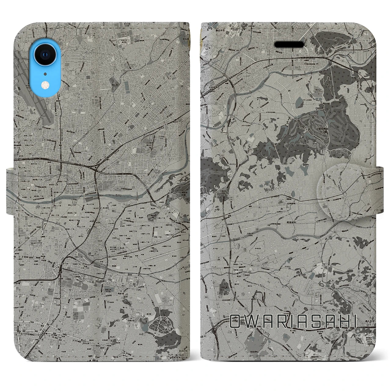 【尾張旭(愛知県)】地図柄iPhoneケース(手帳タイプ)モノトーン・iPhone XR 用