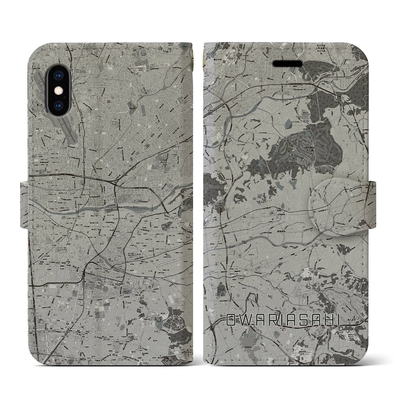 【尾張旭(愛知県)】地図柄iPhoneケース(手帳タイプ)モノトーン・iPhone XS / X 用