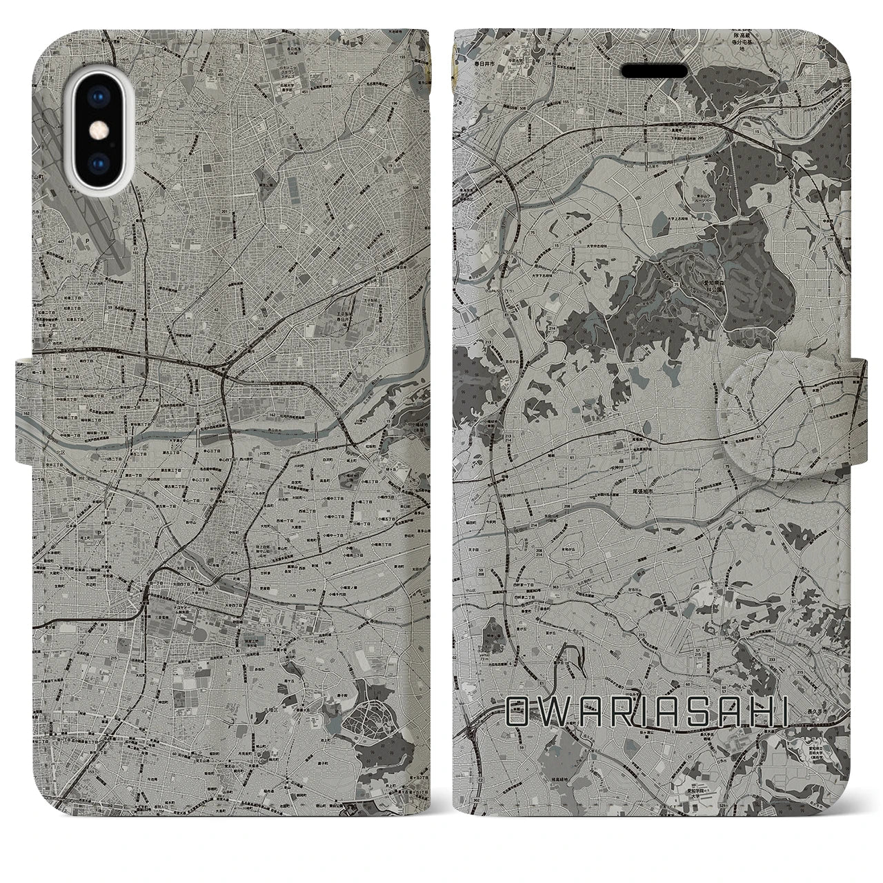 【尾張旭(愛知県)】地図柄iPhoneケース(手帳タイプ)モノトーン・iPhone XS Max 用