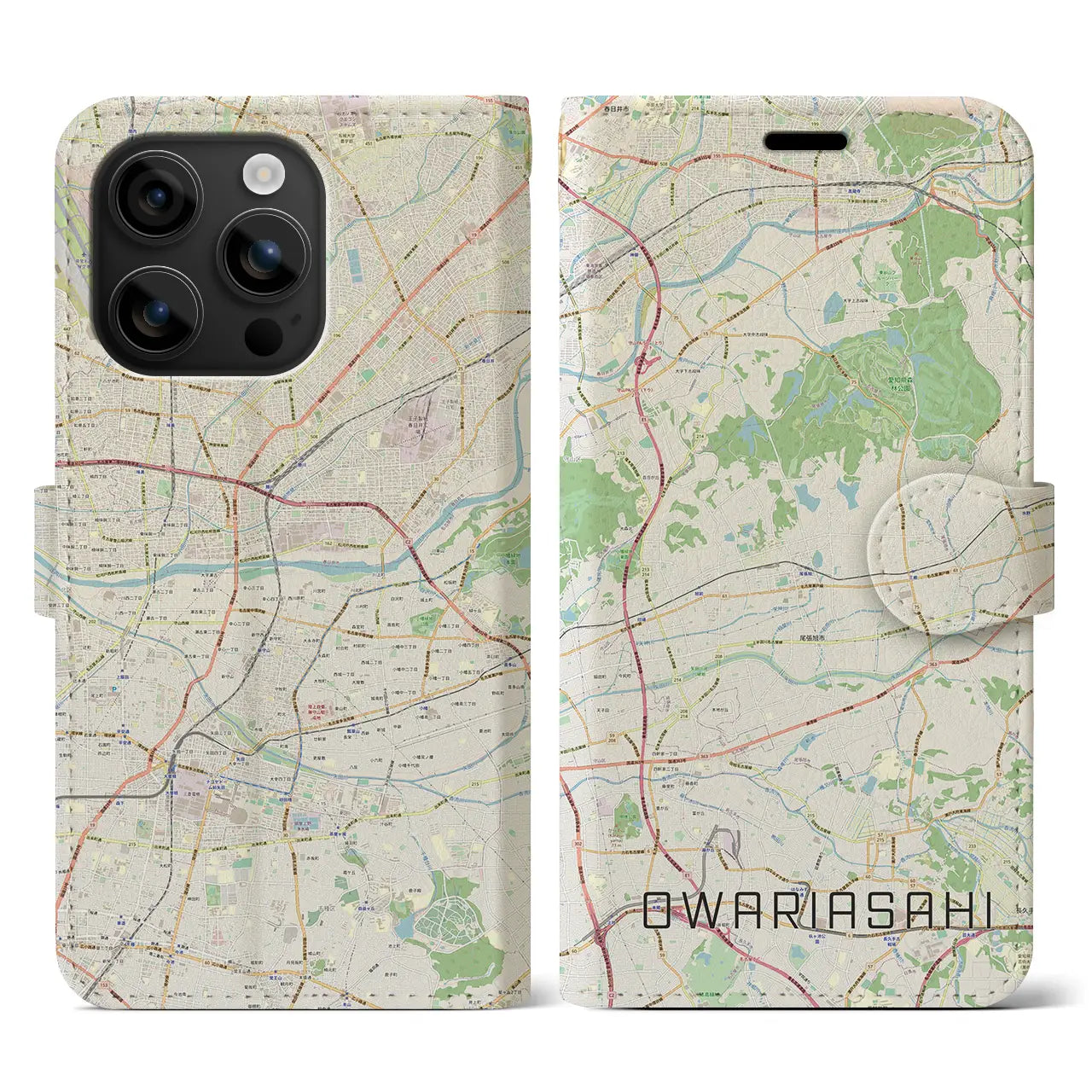 【尾張旭(愛知県)】地図柄iPhoneケース(手帳タイプ)ナチュラル・iPhone 16 用