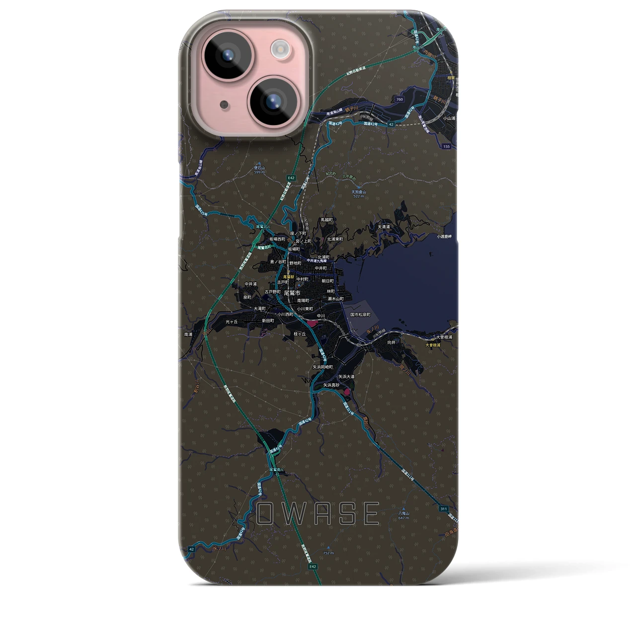 【尾鷲2(三重県)】地図柄iPhoneケース(バックカバータイプ)ブラック・iPhone 15 Plus 用