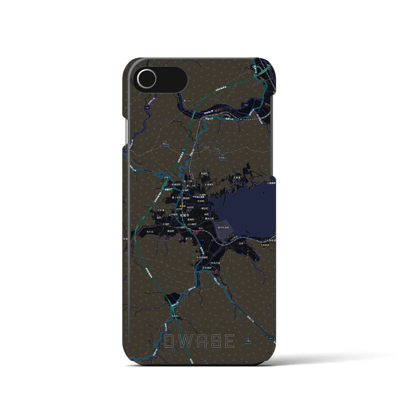 【尾鷲2(三重県)】地図柄iPhoneケース(バックカバータイプ)ブラック・iPhone SE(第3 / 第2世代) / 8 / 7 / 6s / 6 用