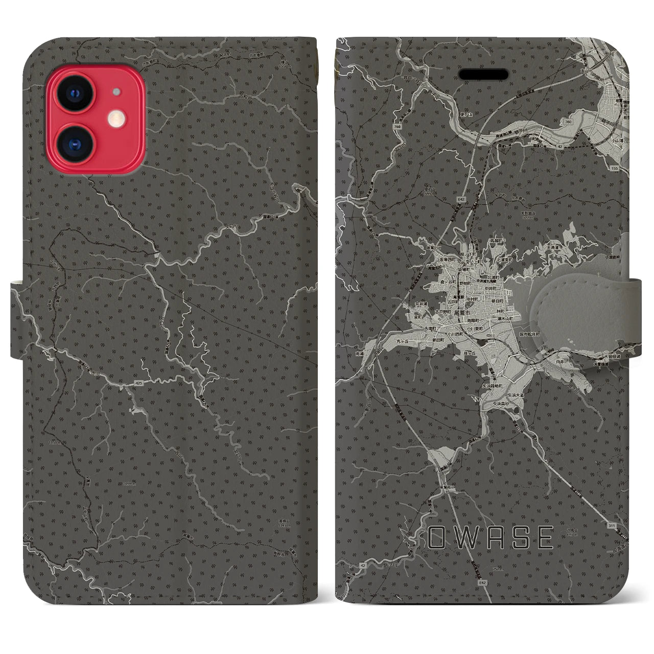 【尾鷲2(三重県)】地図柄iPhoneケース(手帳タイプ)モノトーン・iPhone 11 用