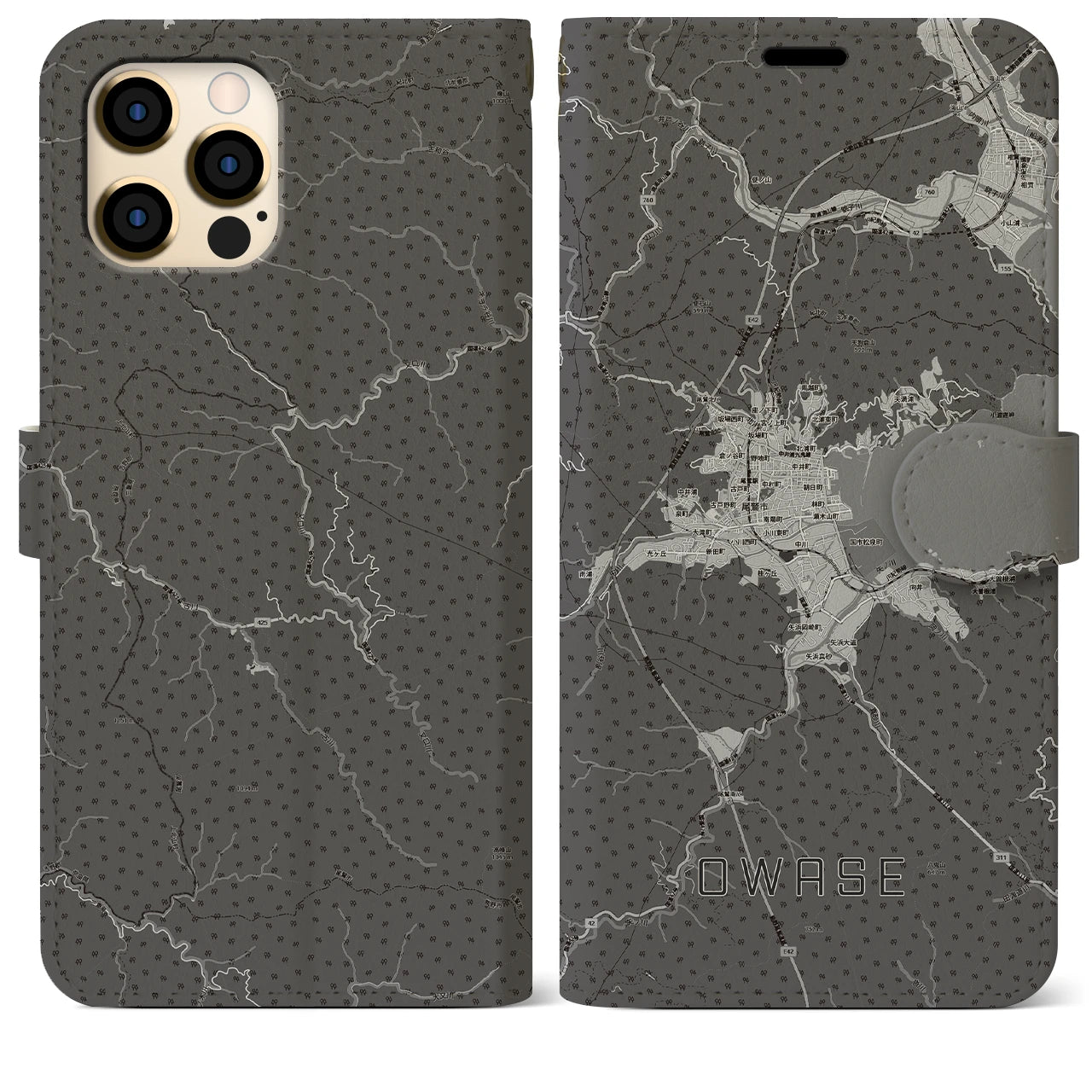 【尾鷲2(三重県)】地図柄iPhoneケース(手帳タイプ)モノトーン・iPhone 12 Pro Max 用