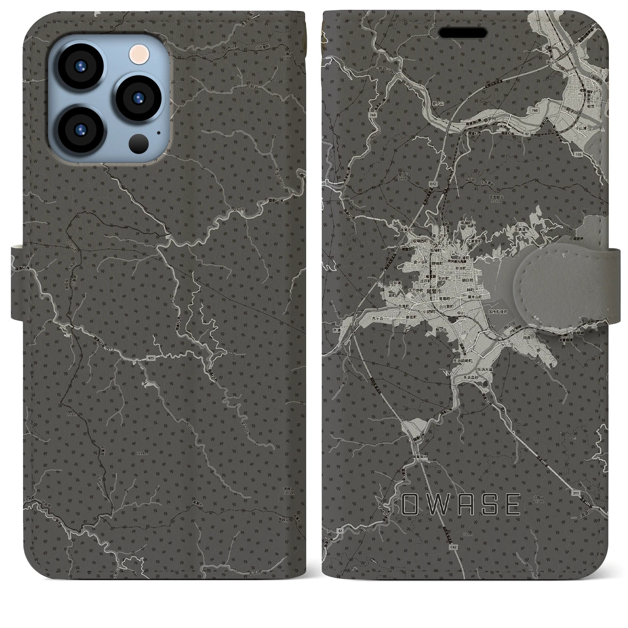 【尾鷲2(三重県)】地図柄iPhoneケース(手帳タイプ)モノトーン・iPhone 13 Pro Max 用