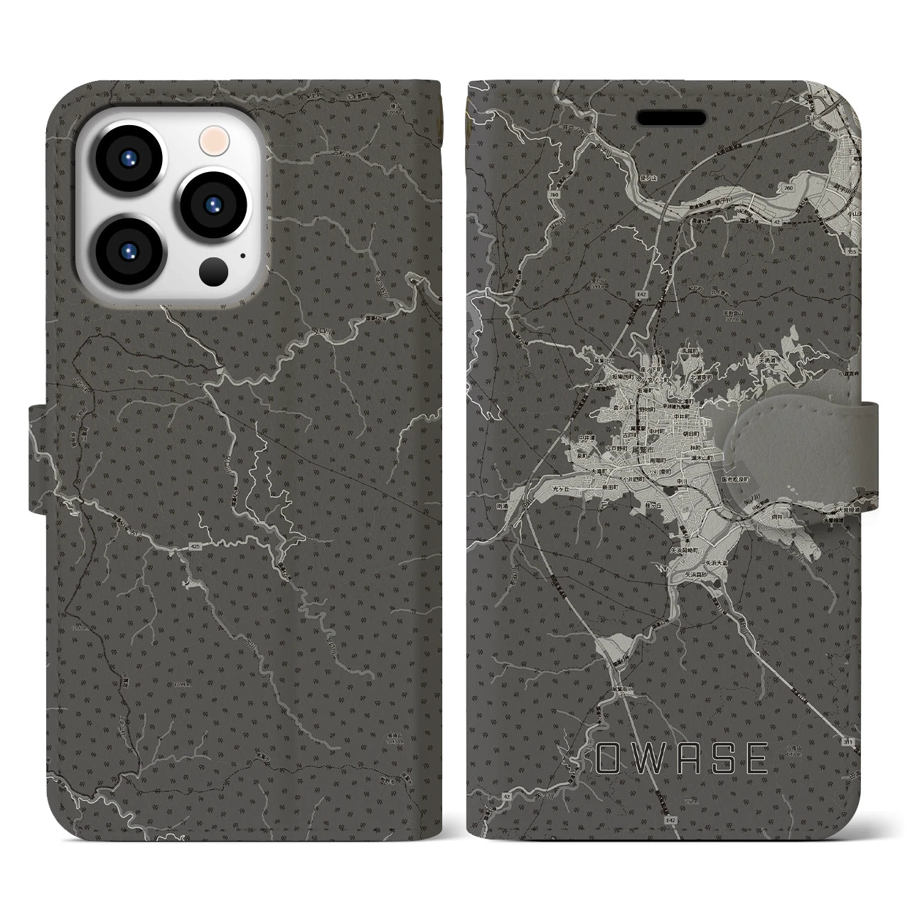 【尾鷲2(三重県)】地図柄iPhoneケース(手帳タイプ)モノトーン・iPhone 13 Pro 用