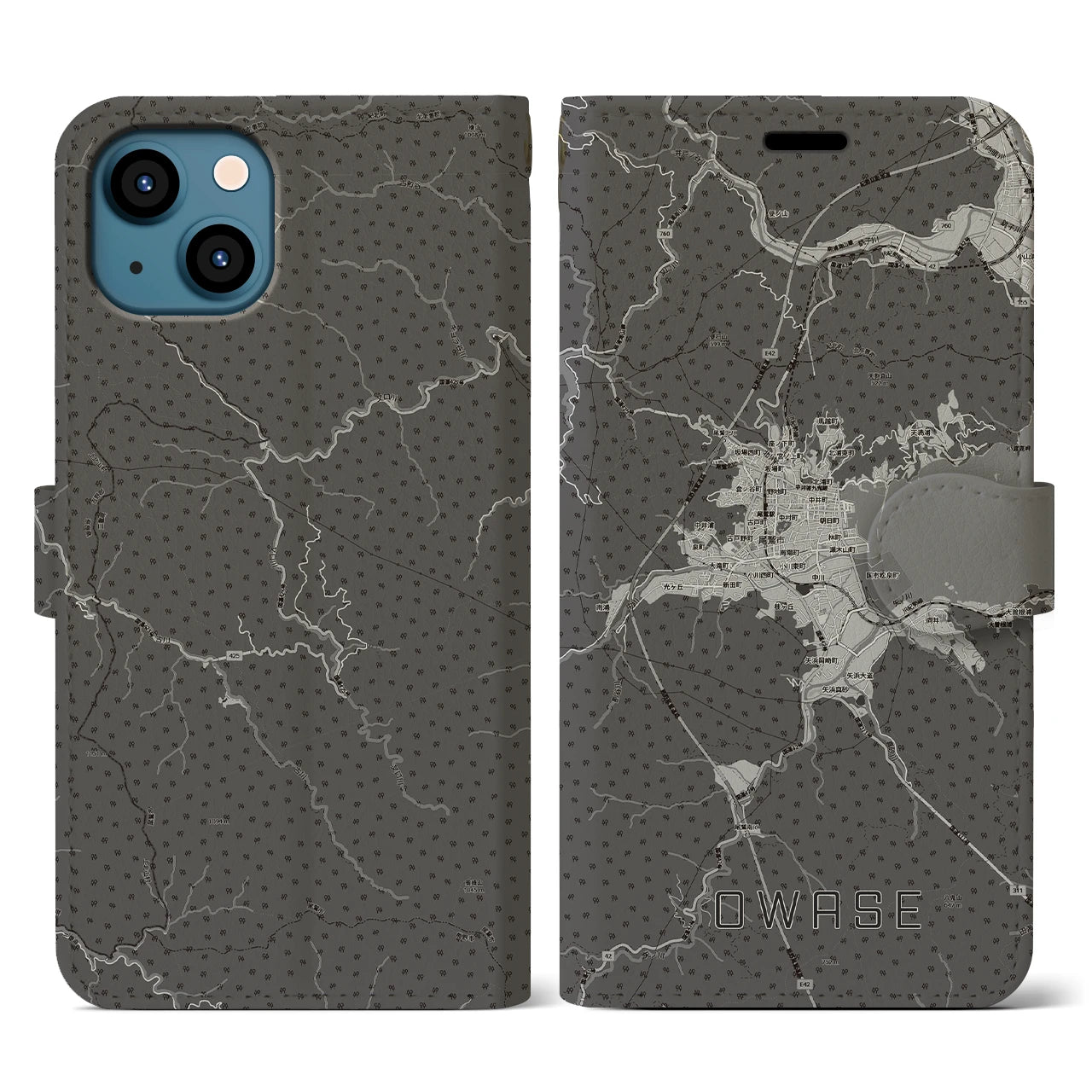 【尾鷲2(三重県)】地図柄iPhoneケース(手帳タイプ)モノトーン・iPhone 13 用