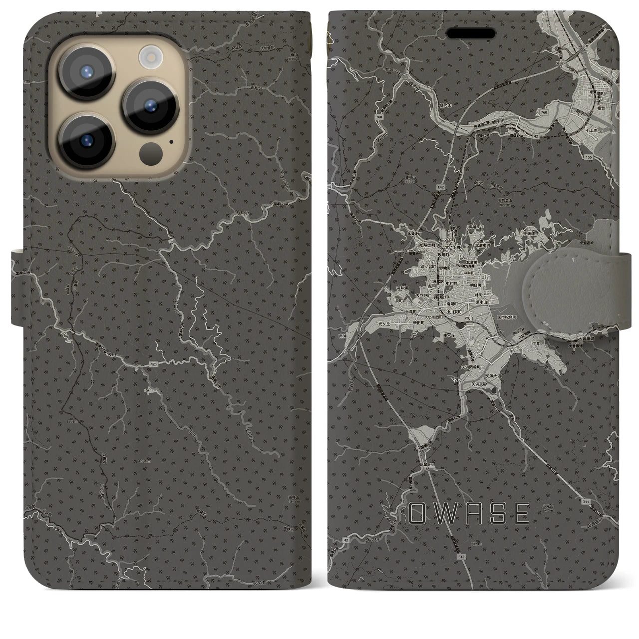 【尾鷲2(三重県)】地図柄iPhoneケース(手帳タイプ)モノトーン・iPhone 14 Pro Max 用