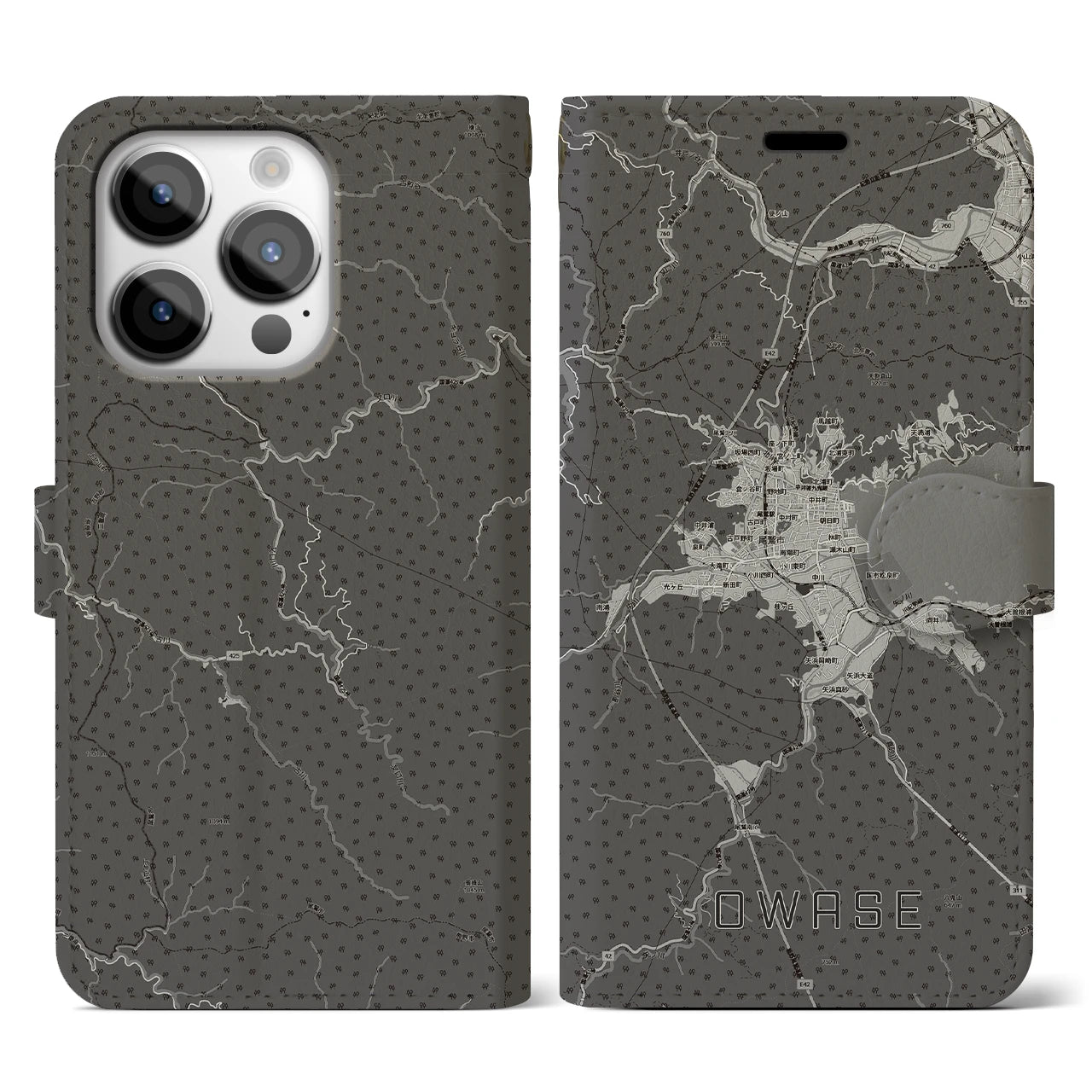 【尾鷲2(三重県)】地図柄iPhoneケース(手帳タイプ)モノトーン・iPhone 14 Pro 用