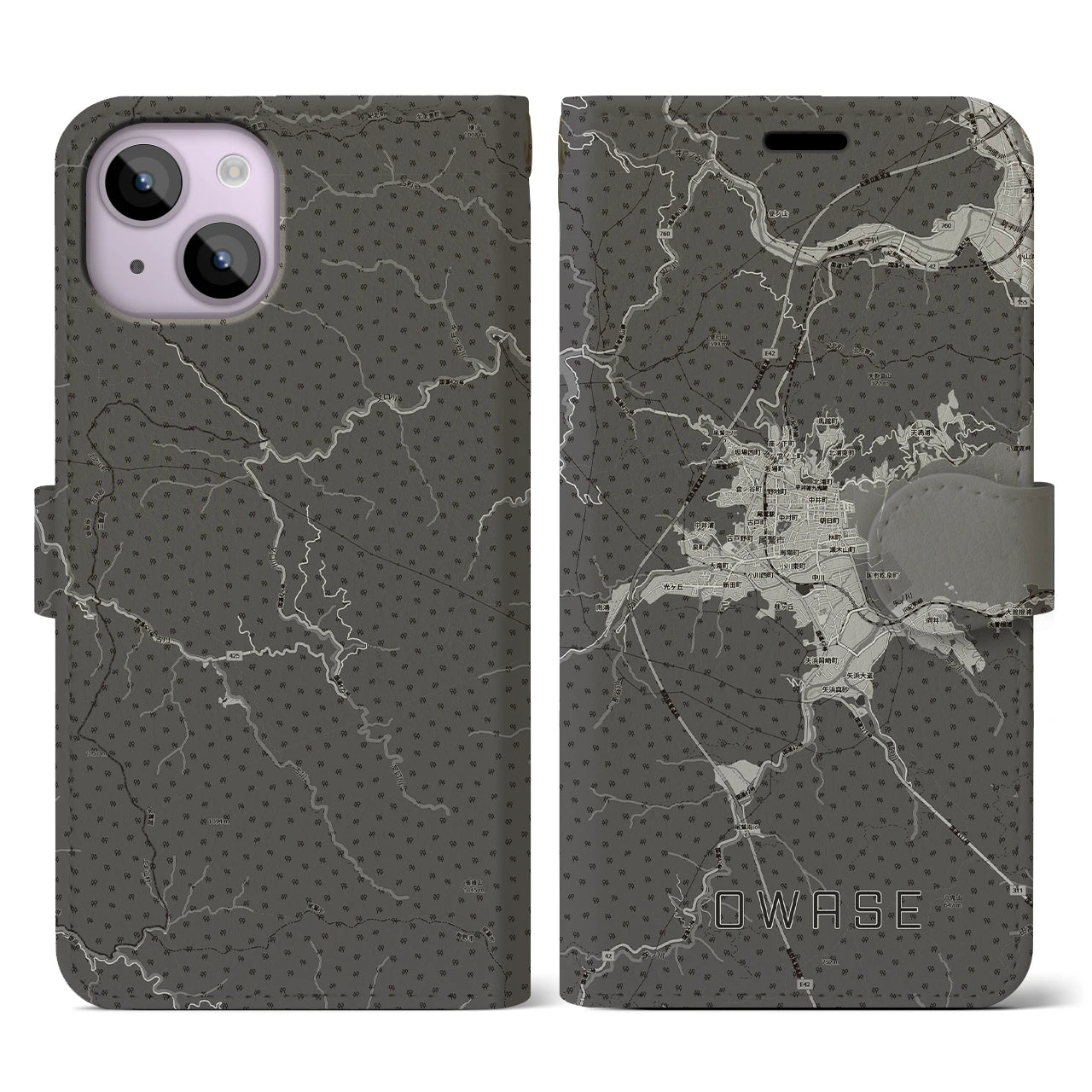 【尾鷲2(三重県)】地図柄iPhoneケース(手帳タイプ)モノトーン・iPhone 14 用