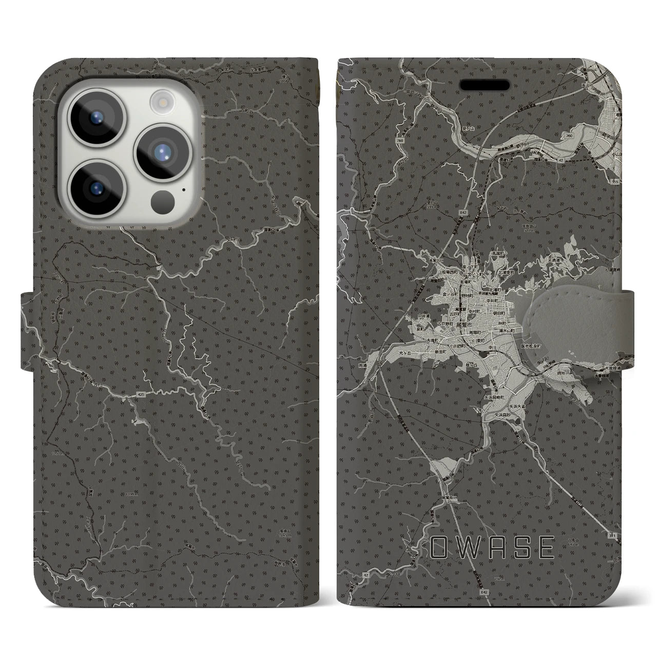 【尾鷲2(三重県)】地図柄iPhoneケース(手帳タイプ)モノトーン・iPhone 15 Pro 用