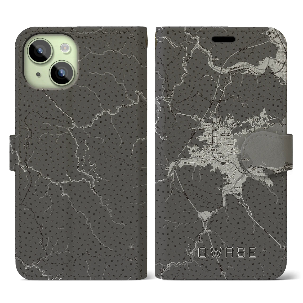 【尾鷲2(三重県)】地図柄iPhoneケース(手帳タイプ)モノトーン・iPhone 15 用