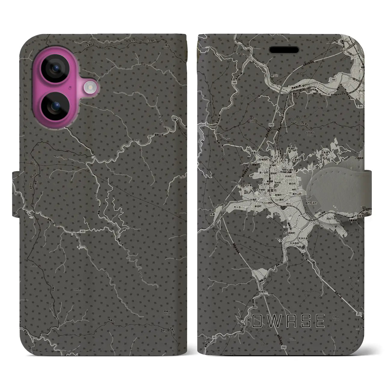 【尾鷲2(三重県)】地図柄iPhoneケース(手帳タイプ)モノトーン・iPhone 16 Pro 用